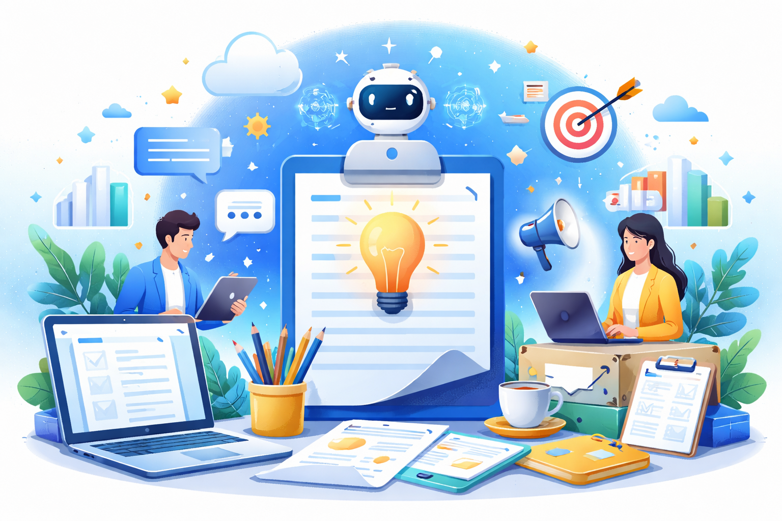 PC로 글을 쓰고 있는 남녀와 글과 관련된 이미지들의 일러스트