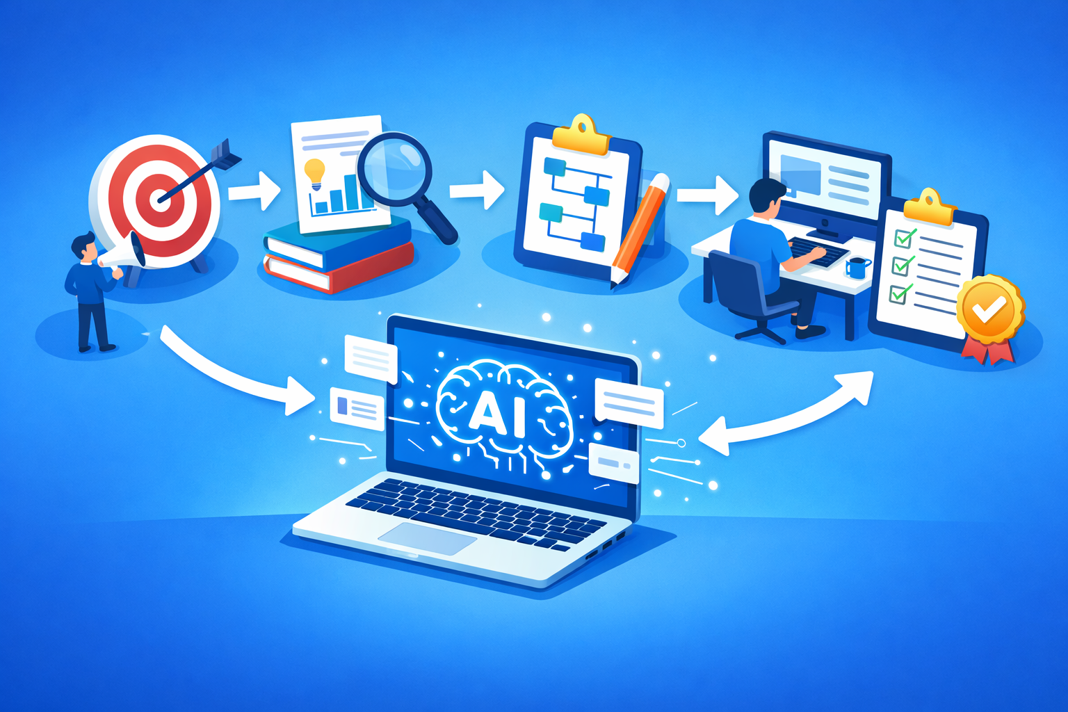 AI로 컨텐츠를 작성하는 프로세스 일러스트