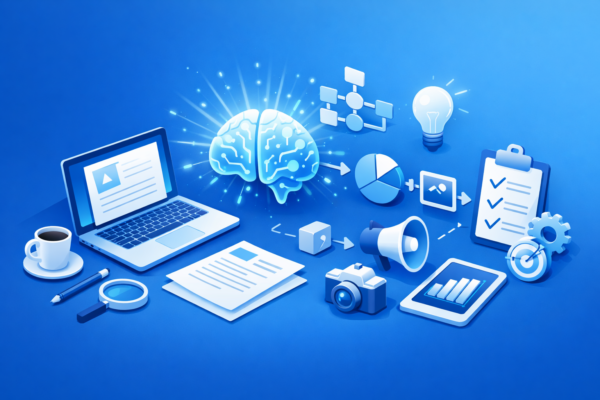 AI로 글을 작성하는 것과 관련된 이미지들이 나열된 일러스트