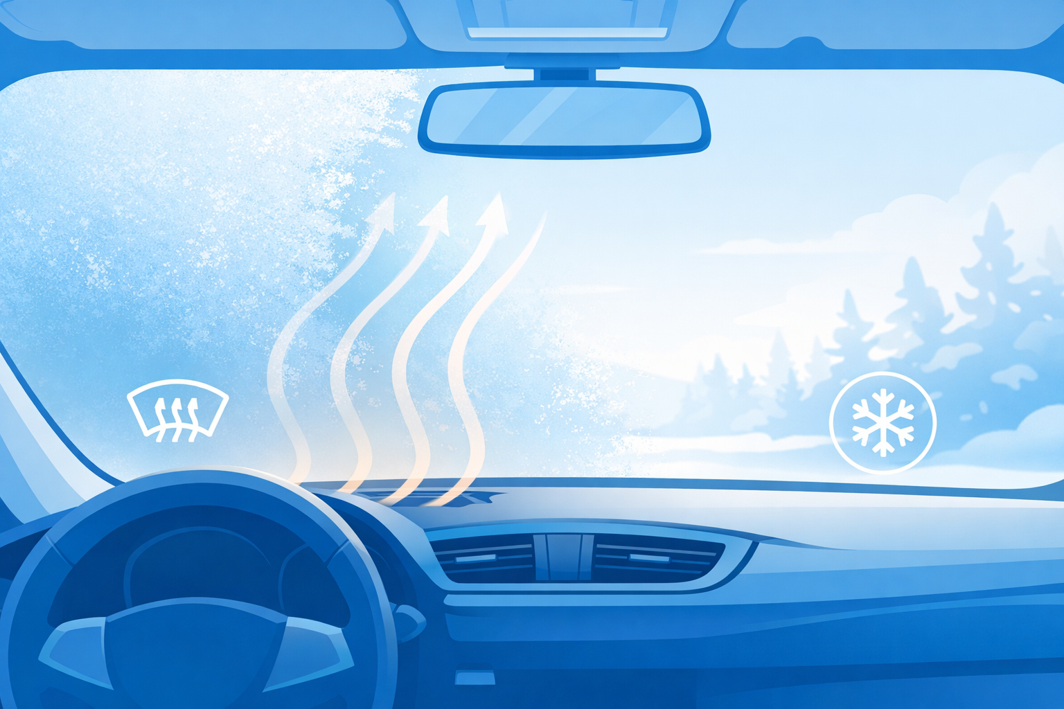 겨울철 차량 앞유리 성에 제거 일러스트