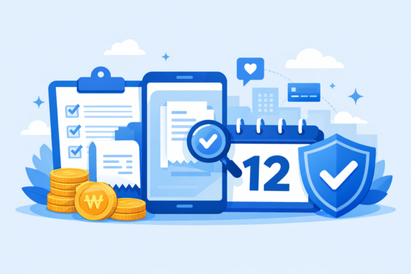 체크리스트가 있는 서류, 스마트폰, 달력, 체크 표시가 있는 방패 아이콘