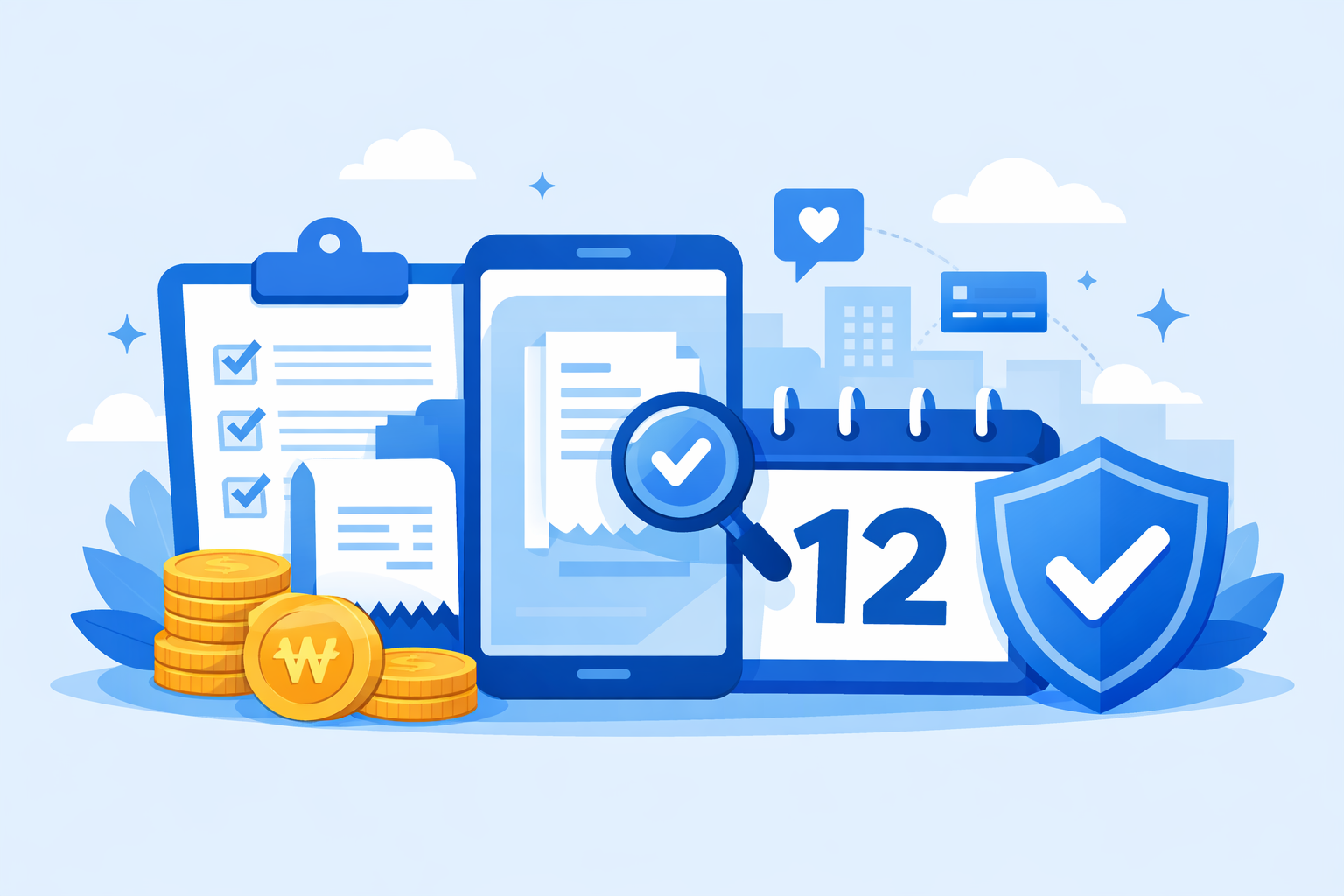 체크리스트가 있는 서류, 스마트폰, 달력, 체크 표시가 있는 방패 아이콘