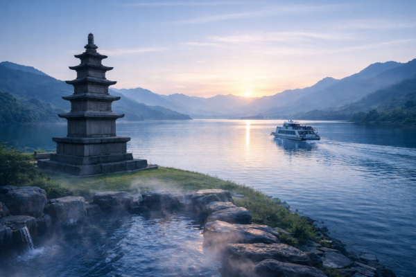 충주 중앙탑과 충주호, 수안보 온천 일러스트