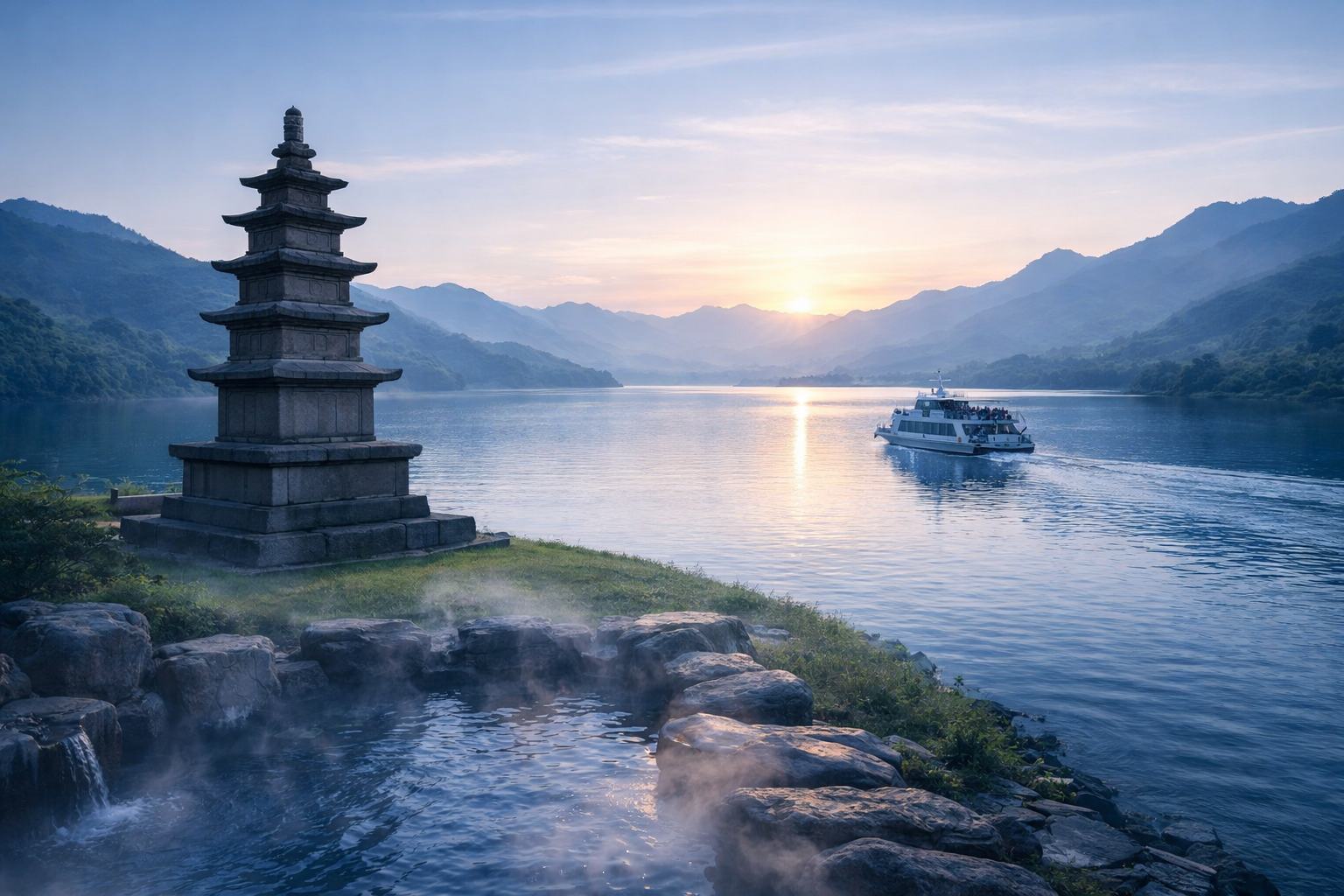 충주 중앙탑과 충주호, 수안보 온천 일러스트