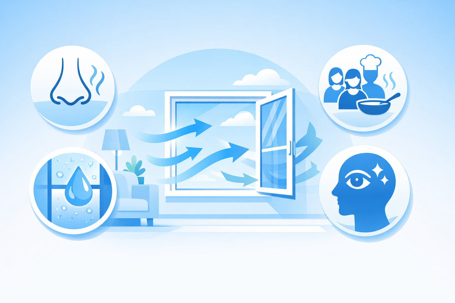 열린 창문으로 파란 화살표가 드나드는 거실 일러스트와 냄새·결로·인원/요리·몸의 신호 아이콘으로 측정기 없이 환기 필요성을 나타낸 이미지.