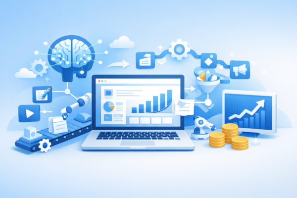 노트북 화면에 그래프와 여러 AI 관련 이미지들의 일러스트