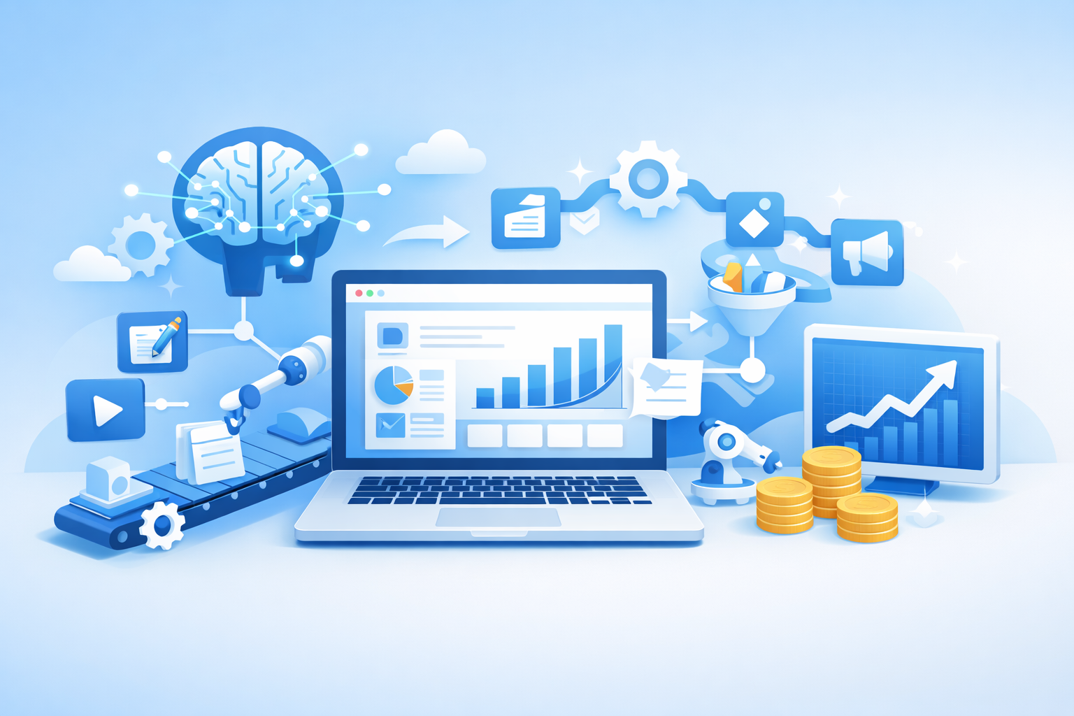 노트북 화면에 그래프와 여러 AI 관련 이미지들의 일러스트