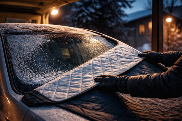 야간에 차량 앞유리 덮게를 덮고 있는 장면