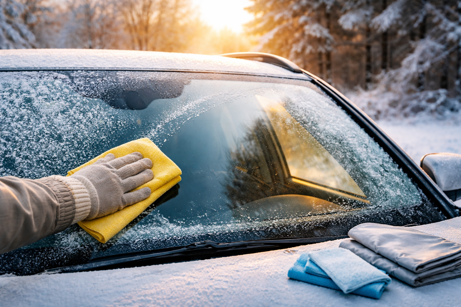 자동차 앞 유리 성에를 제거하는 모습