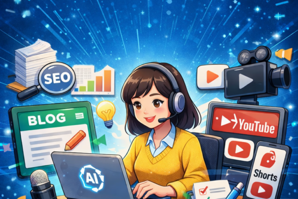 AI를 활용해서 블로그, 유튜브 등의 컨텐츠를 만들고 있는 소녀 일러스트