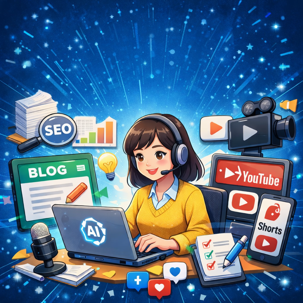 AI를 활용해서 블로그, 유튜브 등의 컨텐츠를 만들고 있는 소녀 일러스트